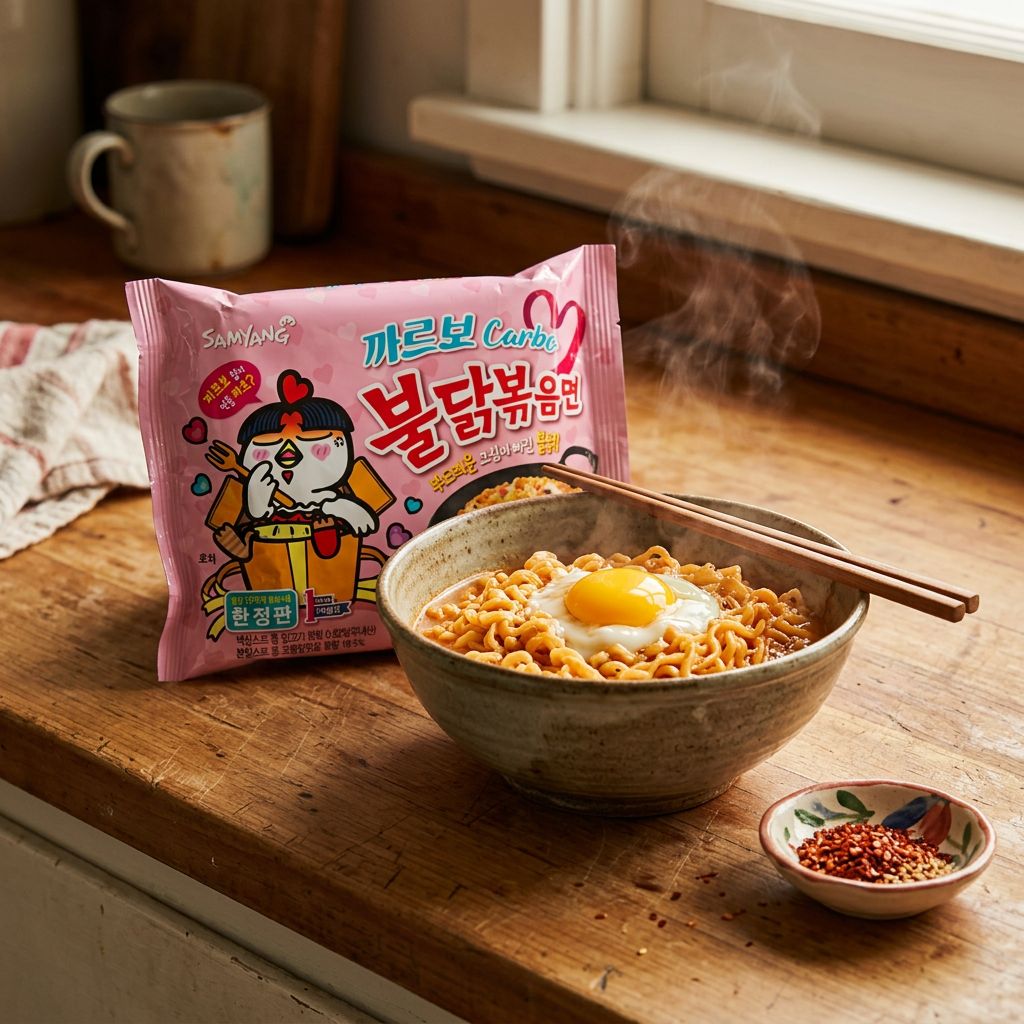 Samyang Buldak Hot Chicken Carbo, ramen coréen pimenté saveur carbonara fromagère, disponible sur My American Shop