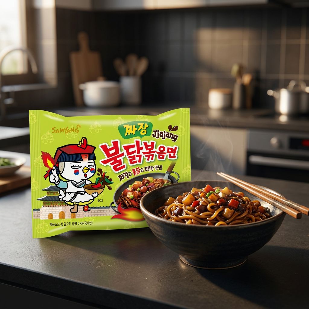 Samyang Ramen Hot Chicken Jjajang, nouilles coréennes sauce haricot noir épicée, importé, disponible sur My American Shop