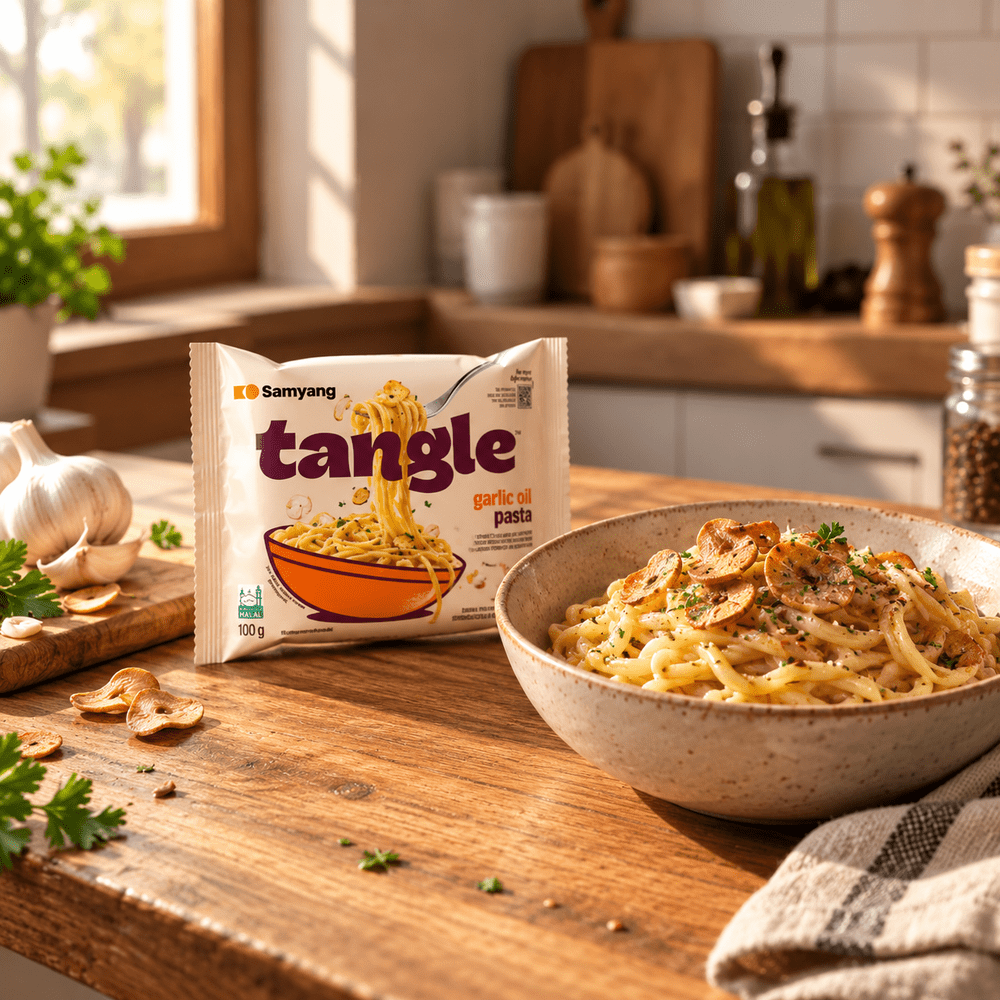 Samyang Tangle Pasta Garlic Oil, pasta coréenne sèche à l'huile d'ail, disponible sur My American Shop