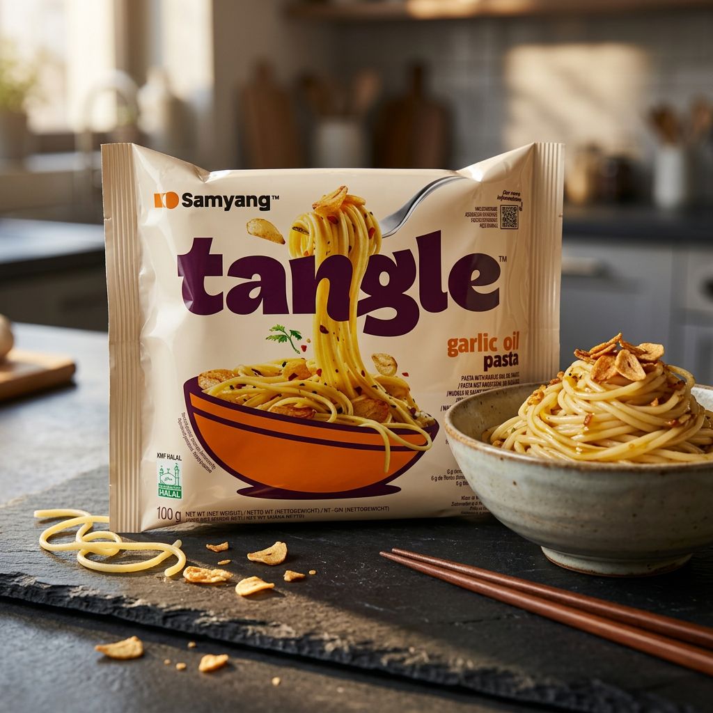 Samyang Tangle Pasta Garlic Oil, pasta coréenne sèche à l'huile d'ail, disponible sur My American Shop