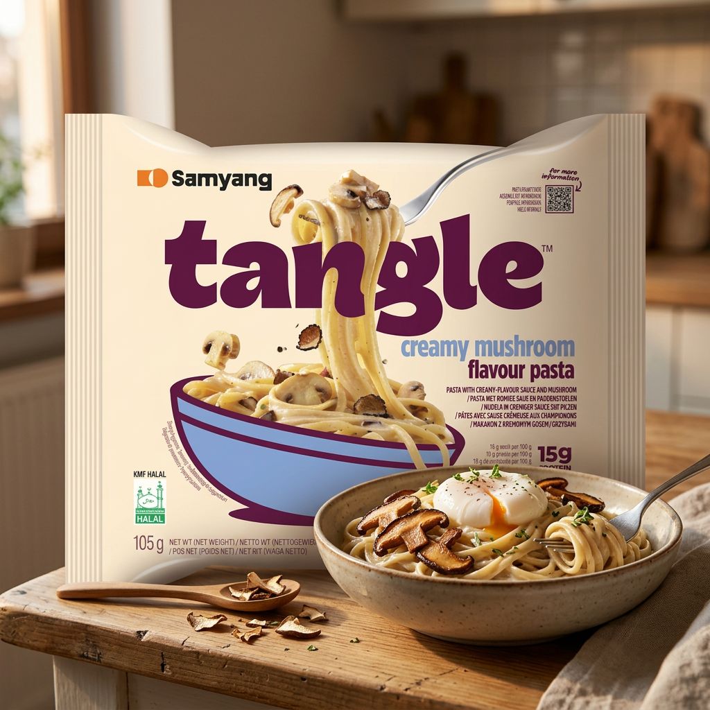 Samyang Tangle Pasta Mushroom Cream, pâtes coréennes torsadées sauce shiitake crémeuse, disponible sur My American Shop