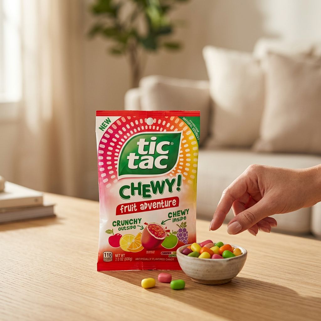 Tic Tac Chewy Fruit Adventure, bonbon américain fruits mixtes, texture croquante et moelleuse, disponible sur My American Shop