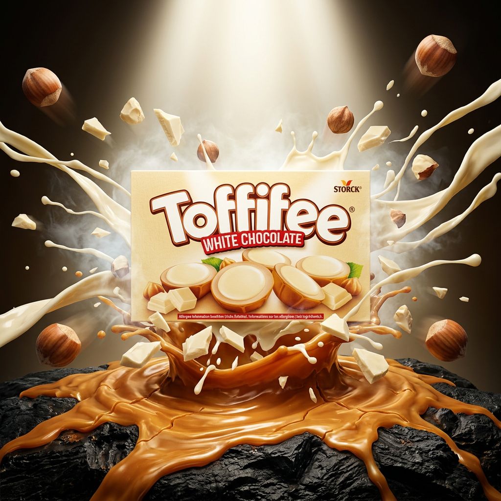 Toffifee White Chocolate, plateau de bouchées caramel noisette enrobées chocolat blanc, disponible sur My American Shop