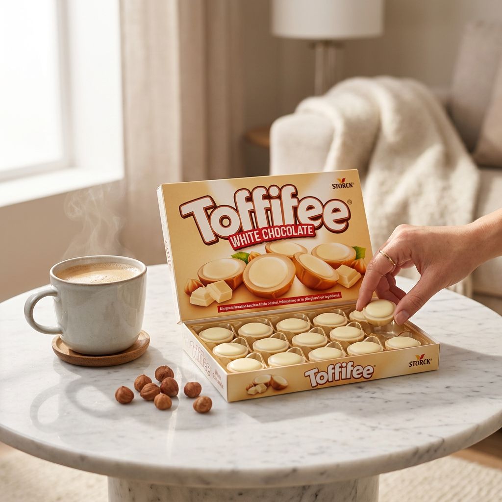 Toffifee White Chocolate, plateau de bouchées caramel noisette enrobées chocolat blanc, disponible sur My American Shop