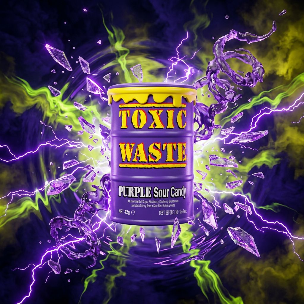 Toxic Waste Purple Sour Candy Drum, bonbon dur acidulé saveur raisin, format collector américain, disponible sur My American Shop