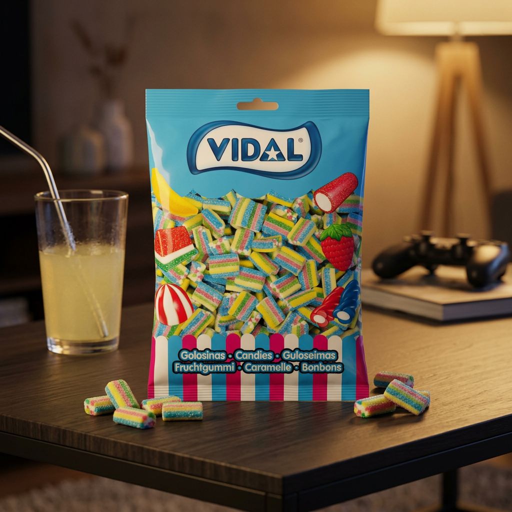 Vidal Sour Bricks Rainbow, bonbons acidulés moelleux multicolores format brique, importés, disponible sur My American Shop