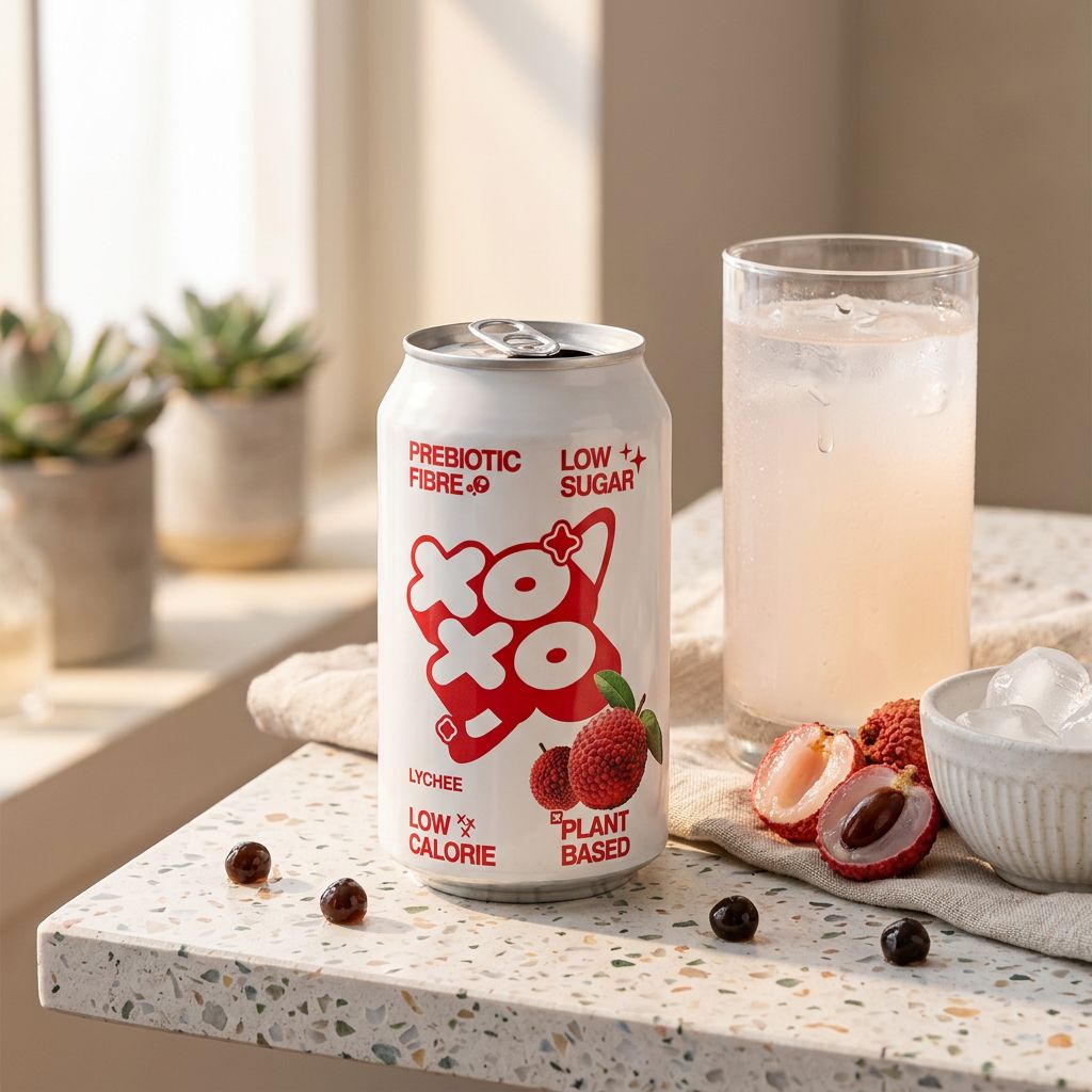 XOXO Soda Lychee, canette pétillante arôme litchi faible en calories, disponible sur My American Shop
