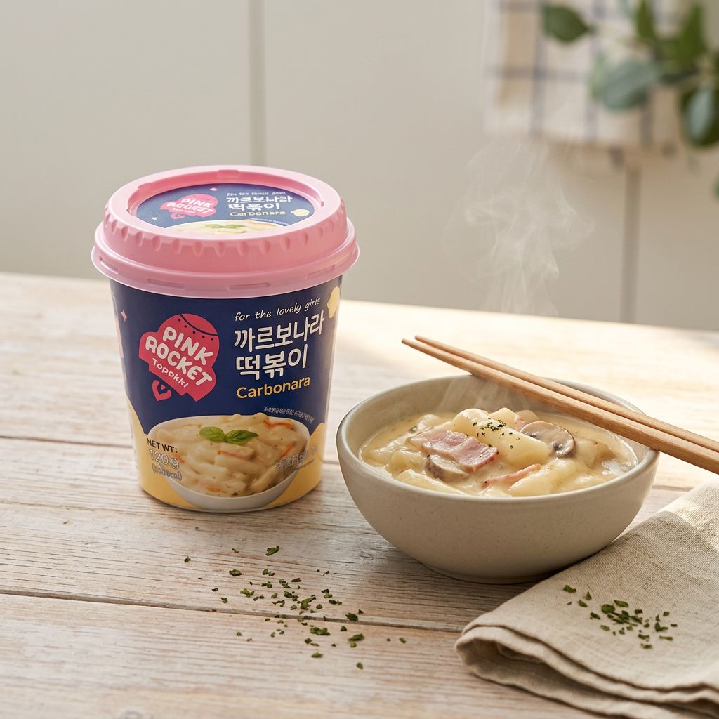 Youngpoong Pink Rocket Cup Topokki Carbonara, snack coréen en cup sauce crémeuse fromagée, disponible sur My American Shop