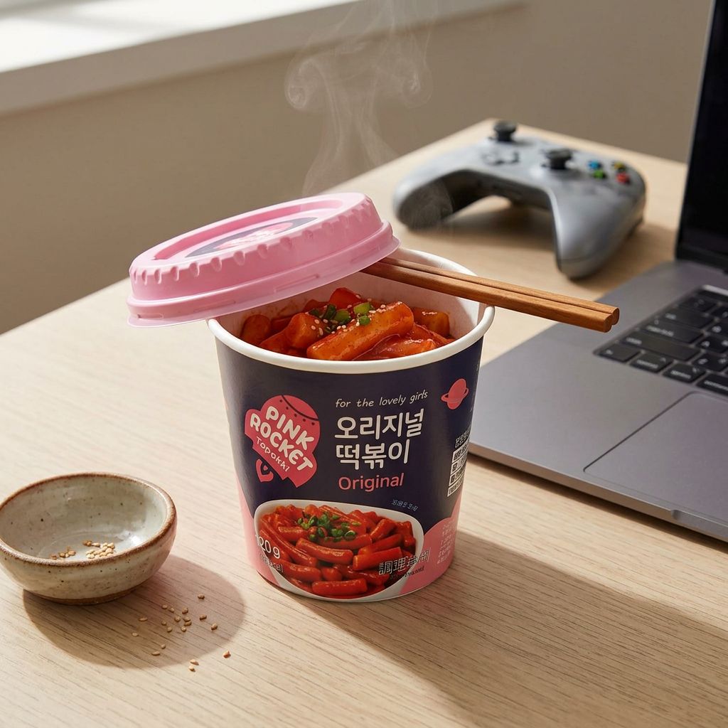 Youngpoong Pink Rocket Cup Topokki Original, snack coréen instantané épicé en cup, disponible sur My American Shop