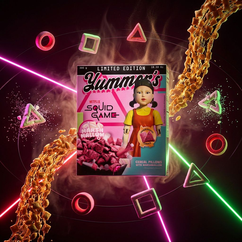 Yummer's Squid Game Cereal avec marshmallows colorés, céréales sucrées edition limitée, disponible sur My American Shop