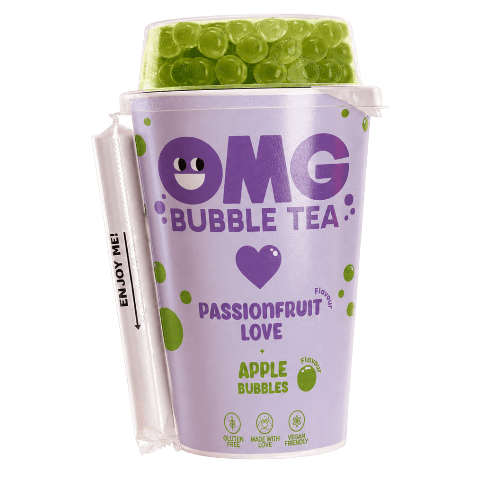 OMG Bubble Tea Passion Fruit Green Apple, boisson bubble tea prête à boire fruit de la passion pomme verte avec billes tapioca, canette importée Lituanie