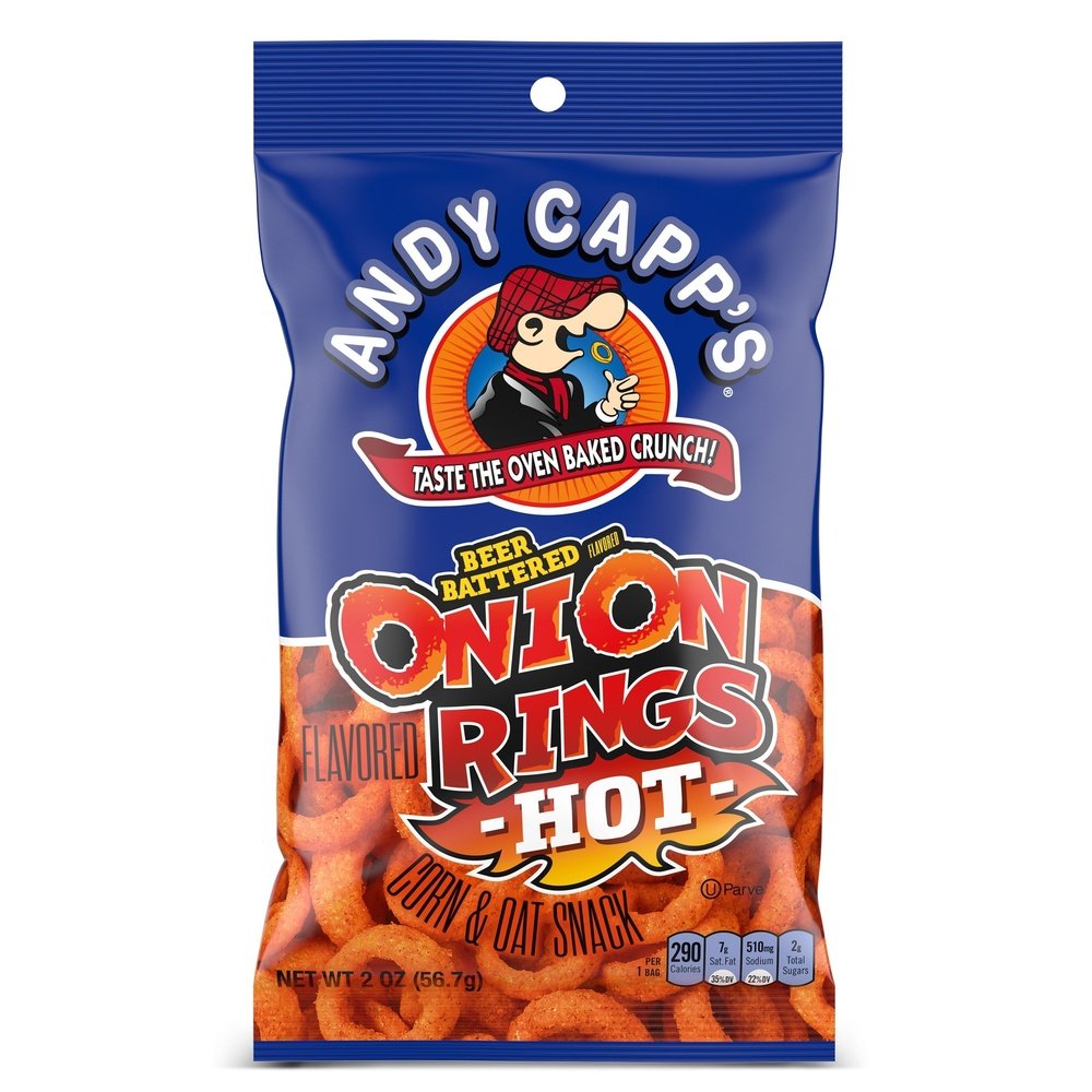 Un emballage bleu avec sur la moitié haute un bonhomme à béret rouge qui mange un Onion Rings et sur la moitié basse plein de Onion Rings Hot de couleur orange. Le tout sur fond blanc