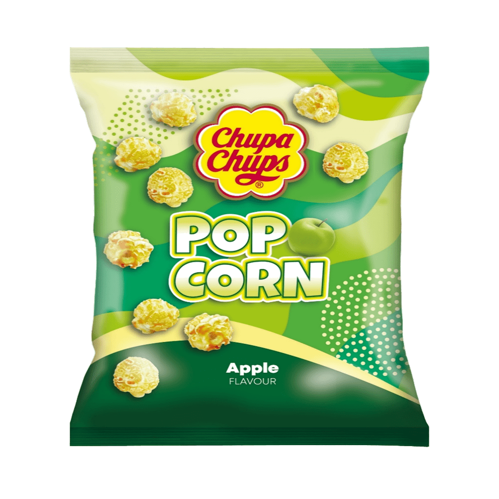 Un emballage avec plusieurs motifs aux nuances de verts et des popcorns qui tombent du ciel et une pomme verte. Le tout sur fond blanc