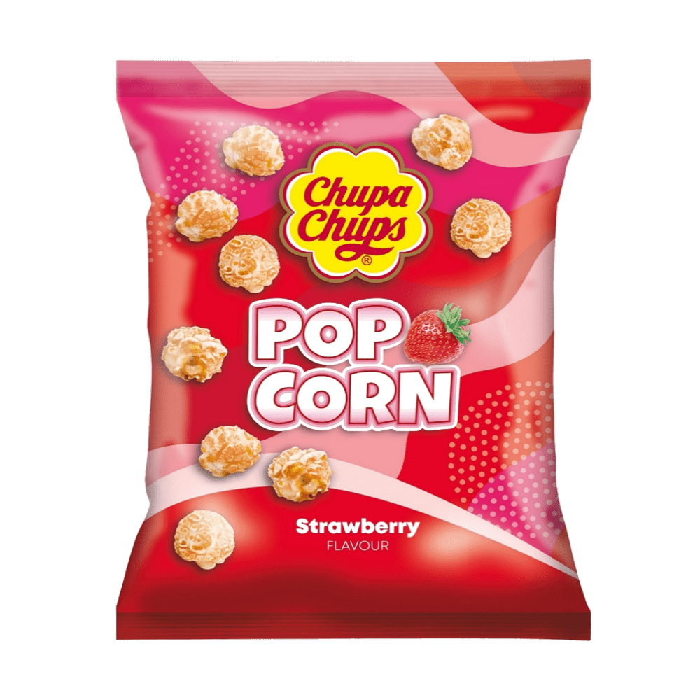 Un emballage avec plusieurs motifs aux nuances de rouge et des popcorns qui tombent du ciel et une fraise. Le tout sur fond blanc