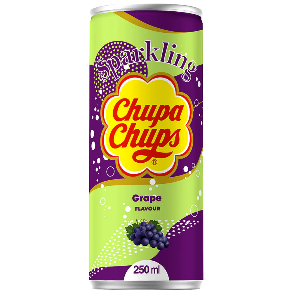Une longue canette mauve et verte avec une grappe de raisins, le tout sur fond blanc