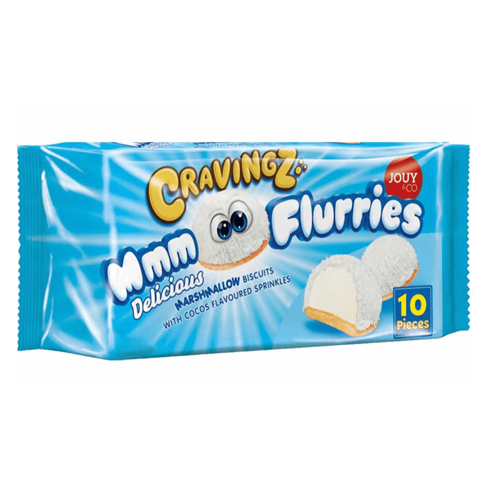 Un emballage bleu avec 2 boules blanches et il y en a une qui est ouverte, on y voit un marshmallow blanc à l’intérieur. Le tout sur fond blanc