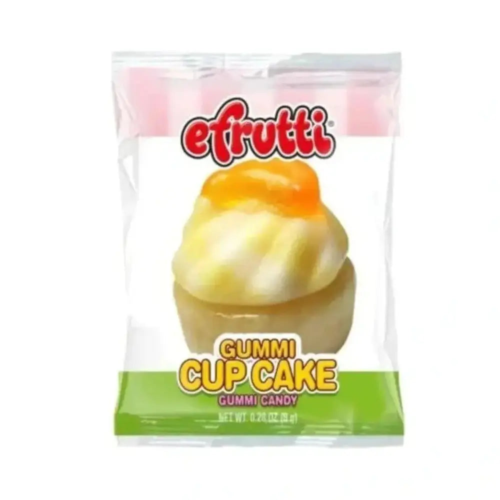 Un emballage transparent sur fond blanc, on y voit un bonbon en forme de cupcake 