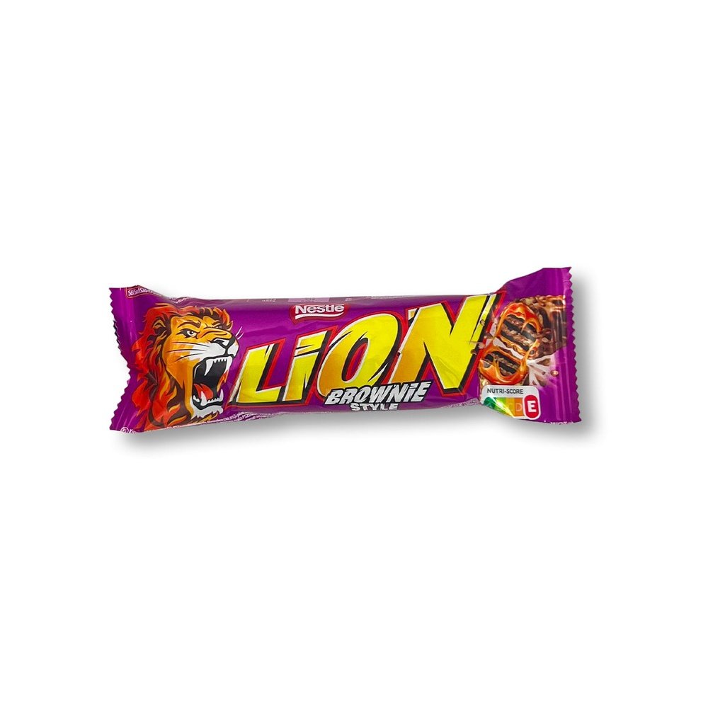 Un paquet mauve sur fond blanc avec à gauche un lion qui rugit, au milieu il est écrit « LION » en jaune et à droite un Lion Brownie coupé en 2 