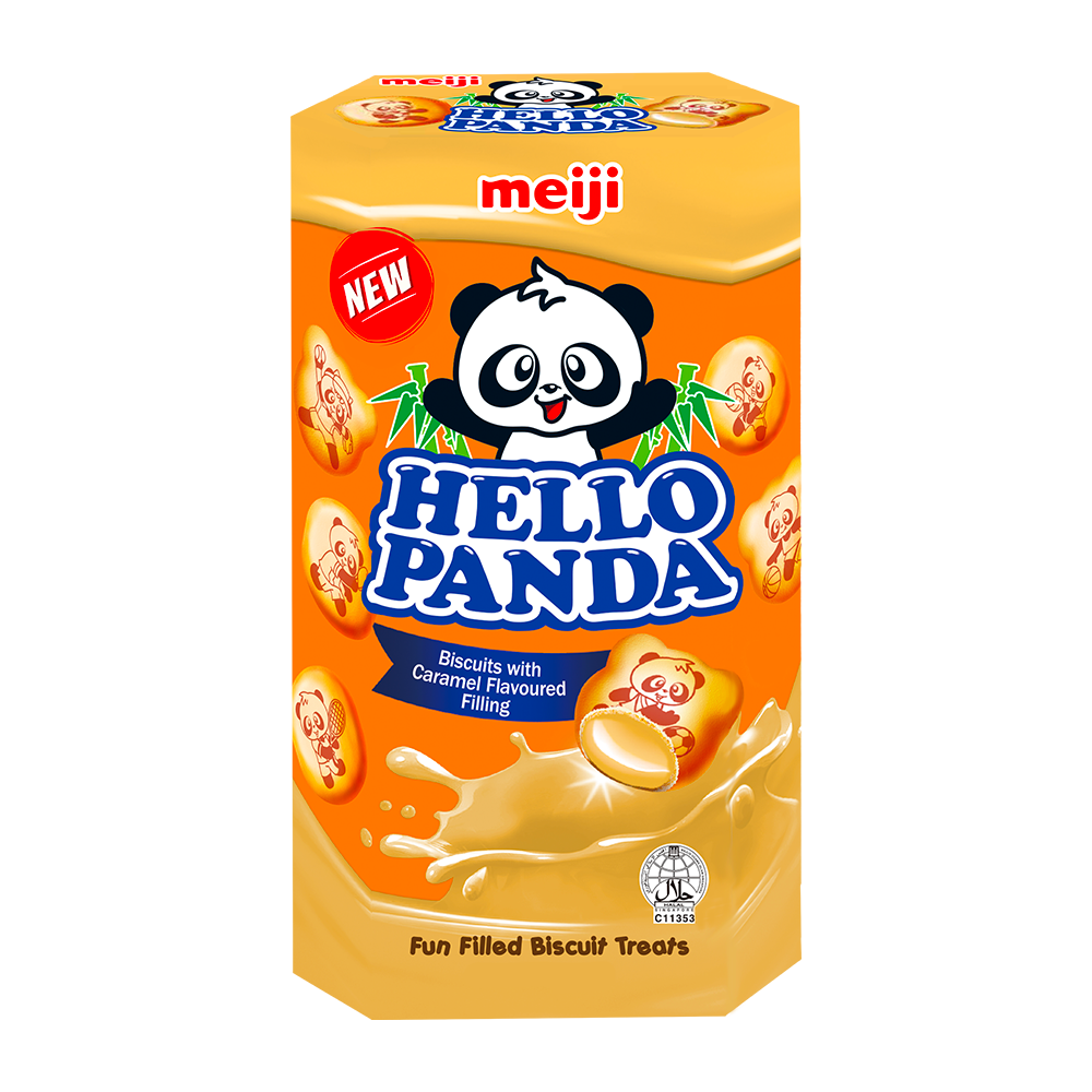 Un emballage orange, des petits biscuits avec des pandas dessinés dessus et il y a à l’intérieur un liquide jaune. Le tout sur fond blanc
