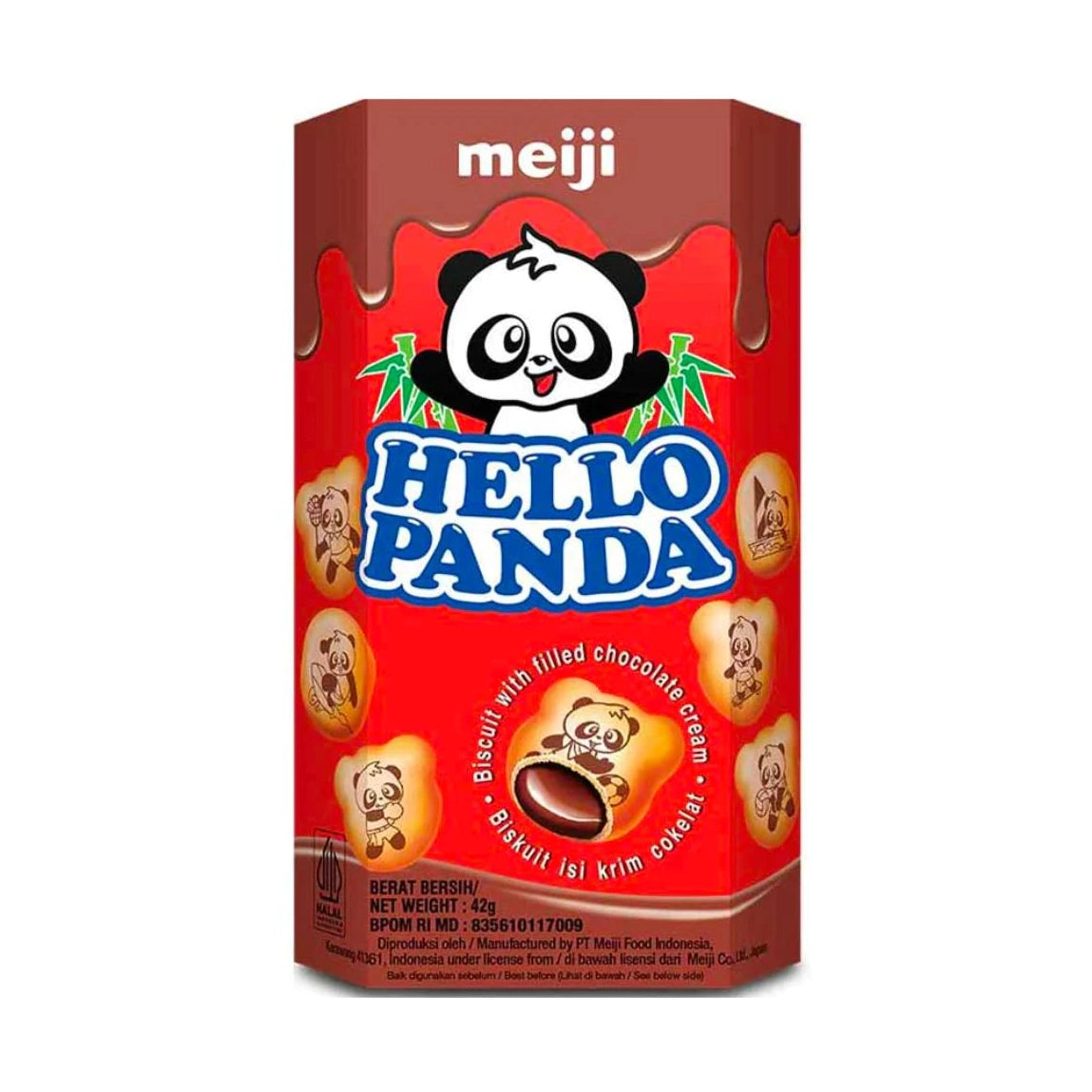 Un emballage rouge et marron, des petits biscuits avec des pandas dessinés dessus et il y a à l’intérieur un liquide marron. Le tout sur fond blanc