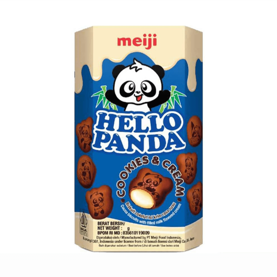 Un emballage bleu et beige, des petits biscuits marrons avec des pandas dessinés dessus et il y a à l’intérieur un liquide blanc. Le tout sur fond blanc