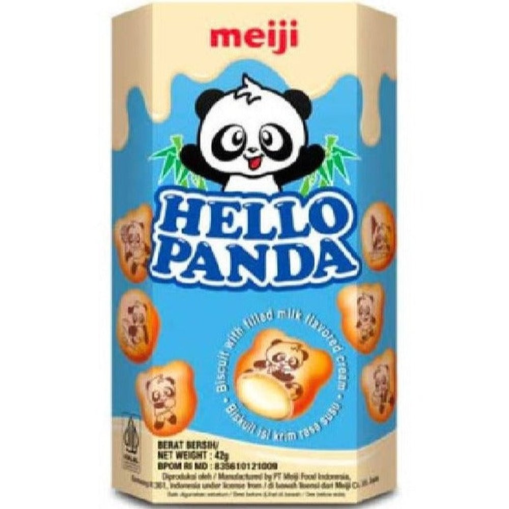 Un emballage bleu et beige, des petits biscuits avec des pandas dessinés dessus et il y a à l’intérieur un liquide beige. Le tout sur fond blanc