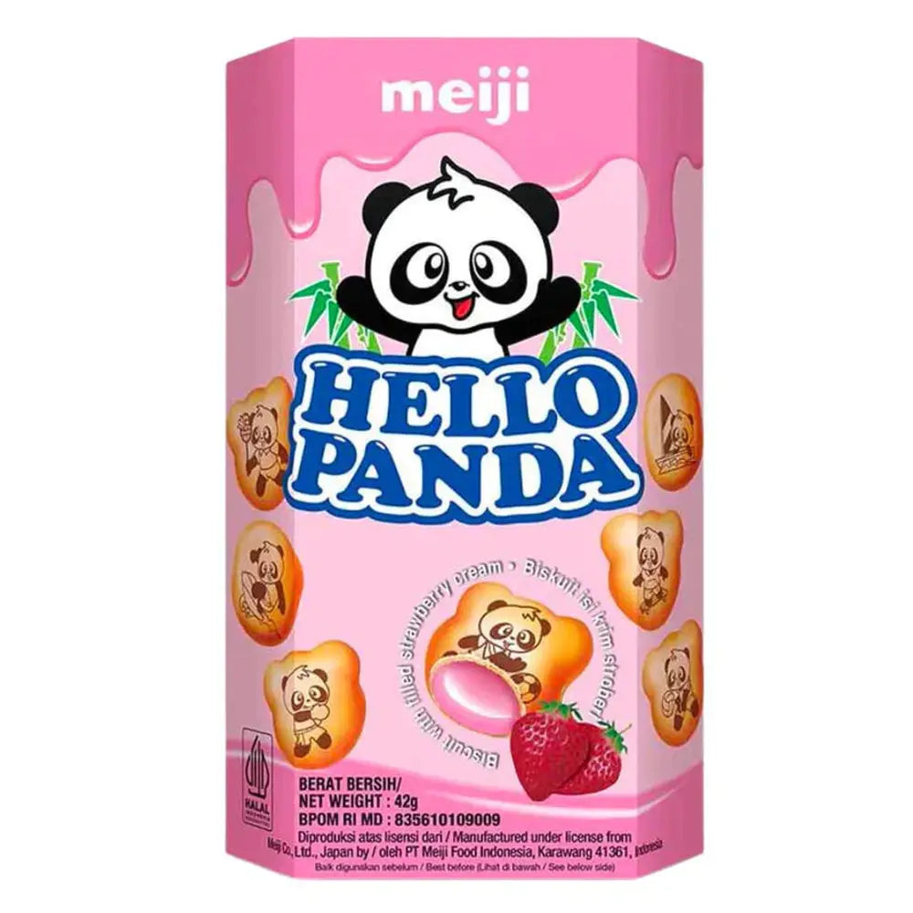 Un emballage rose, des petits biscuits avec des pandas dessinés dessus et il y a à l’intérieur un liquide rose et 2 fraises en bas à droite. Le tout sur fond blanc