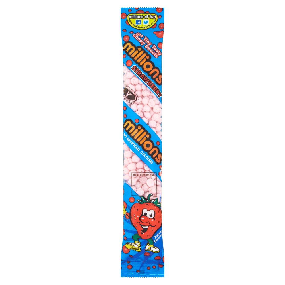 Un emballage bleu long en hauteur avec une grande fraise en bas et une partie transparente où on y voit des petites boules roses, le tout sur fond blanc