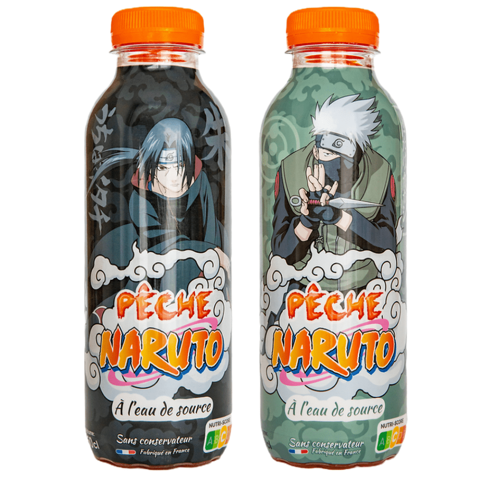 2 bouteilles à capuchon orange sur fond blanc avec des personnes du manga Naruto. Celle de gauche est noir et à droite elle est verte 