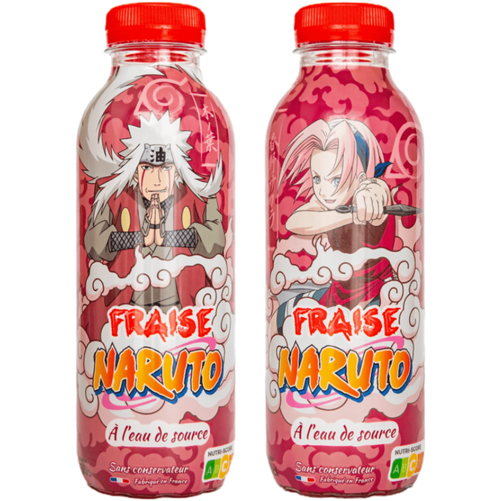 2 bouteilles rouges à capuchon rouge sur fond blanc avec des personnes du manga Naruto. A gauche c’est un homme aux cheveux blancs et à droite une fille aux cheveux roses