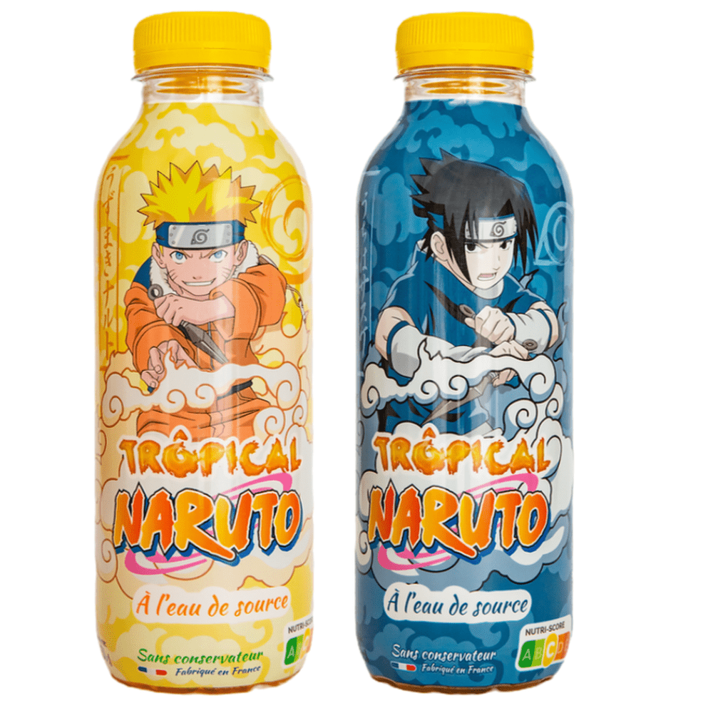 2 bouteilles à capuchon jaune sur fond blanc avec des personnes du manga Naruto. Celle de gauche est jaune et à droite elle est bleu