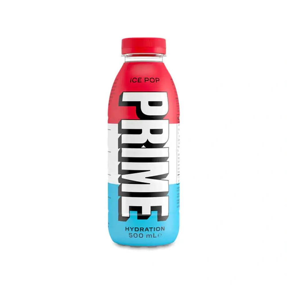 Une bouteille tricolore (rouge, blanc, bleu) avec un capuchon rouge, au centre il est écrit verticalement « Prime » en blanc. Le tout sur fond blanc
