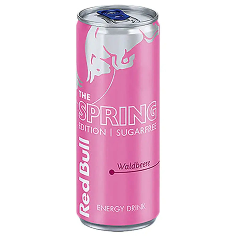 Une longue canette rose avec au-dessus un taureau gris argenté et en-dessous il est écrit « The Spring Edition », le tout sur fond blanc