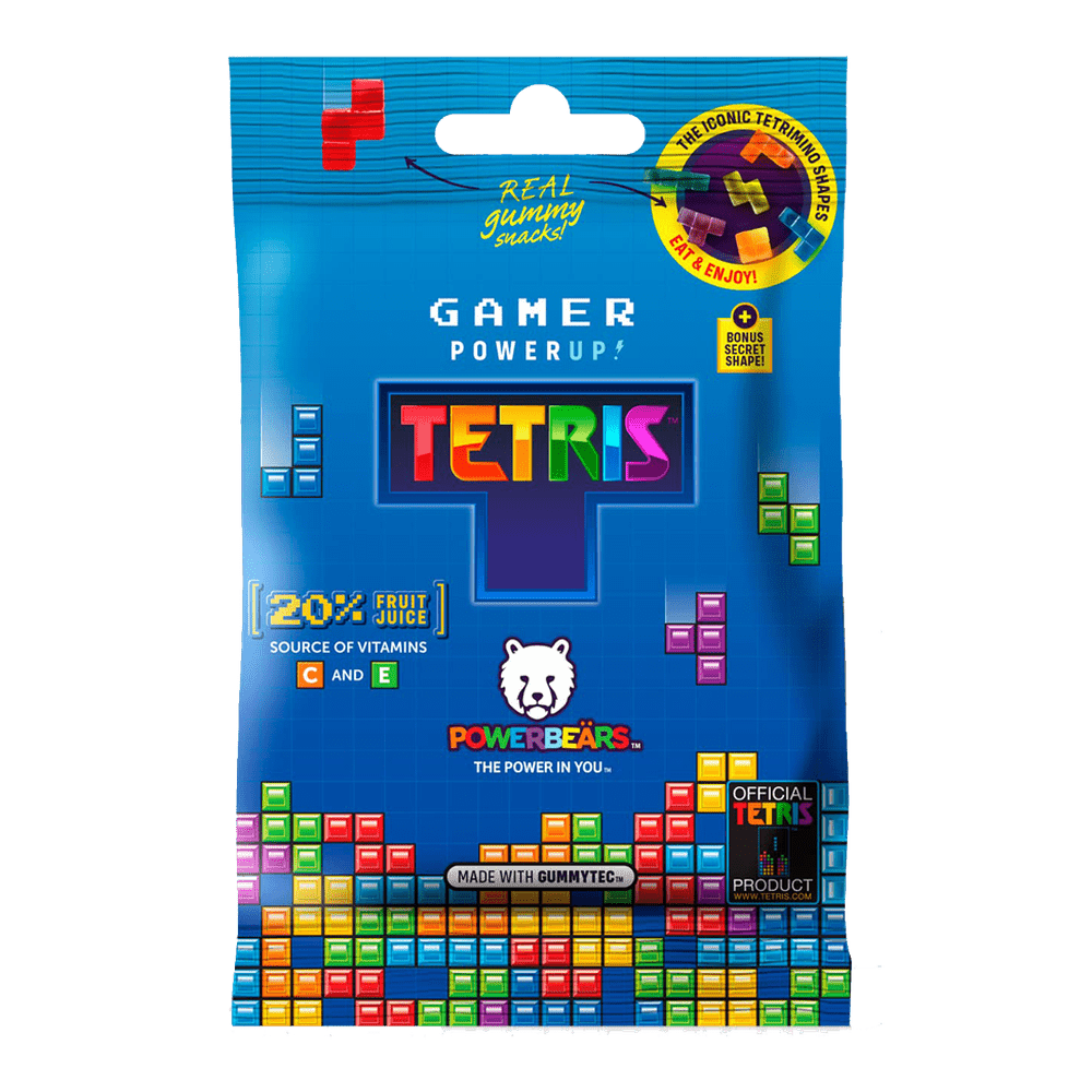 Un emballage bleu sur fond blanc avec le jeu du Tetris très coloré et au centre il y a une tête d’ours blanc