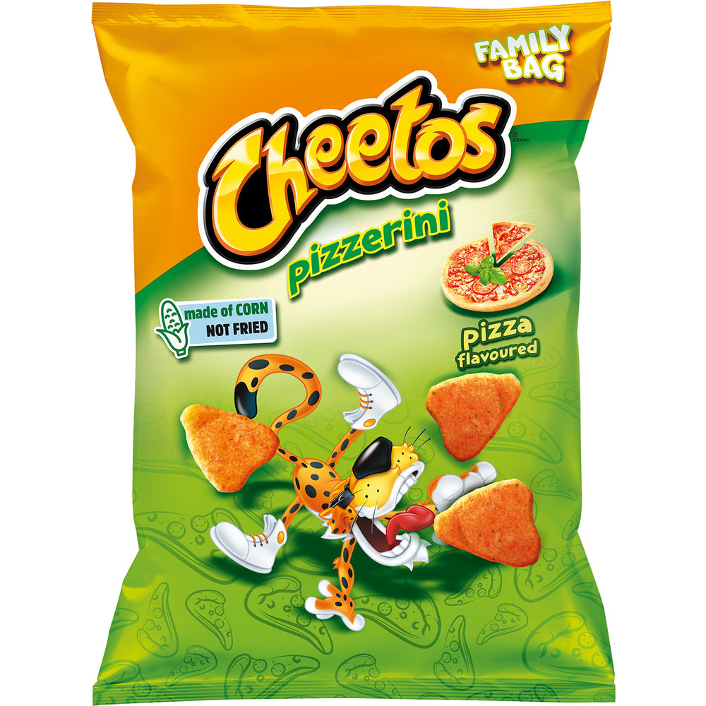 Un paquet orange et vert sur fond blanc avec un tigre qui veut manger des chips oranges de forme triangulaire. En haut à droite une pizza