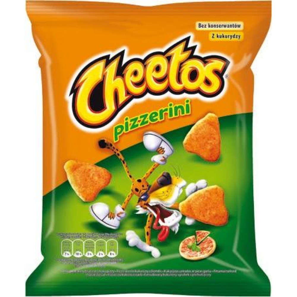 Un paquet orange et vert sur fond blanc avec un tigre qui veut manger des chips oranges de forme triangulaire. En bas à droite une pizza rouge à la tomate 