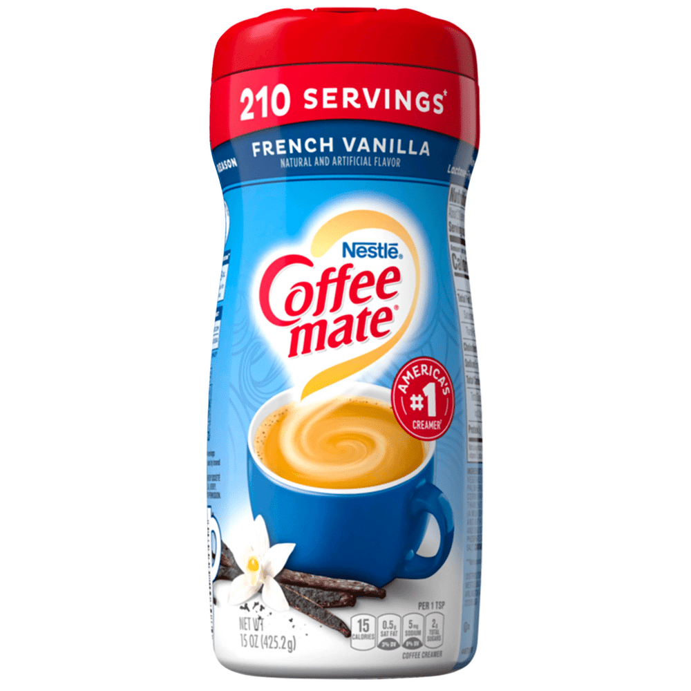 Un paquet bleu sur fond blanc avec un capuchon rouge et une tasse bleu avec une une boisson couleur crème
