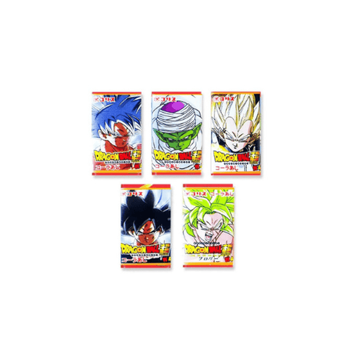 5 paquets aux extrémités rouges avec des personnages de Dragon Ball Z, le tout sur fond blanc