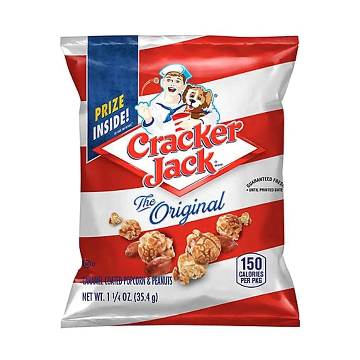 Un paquet rouge et blanc avec des popcorns et des arachides et au-dessus un petit marin avec un chien de couleur marron, le tout sur fond blanc