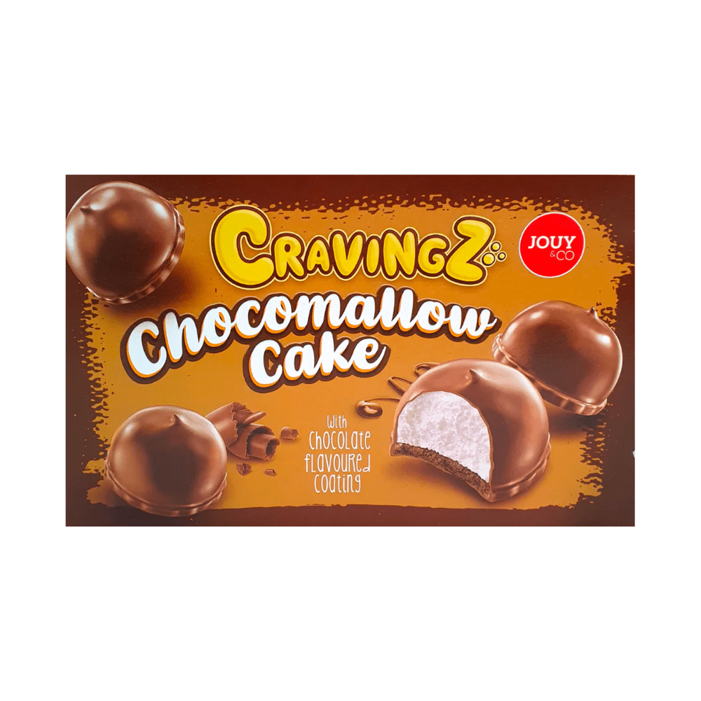 Un carton marron sur fond blanc avec 4 chocolats dans les 4 coins du paquet et il y en a un qui est ouvert, on y voit un marshmallow blanc à l’intérieur