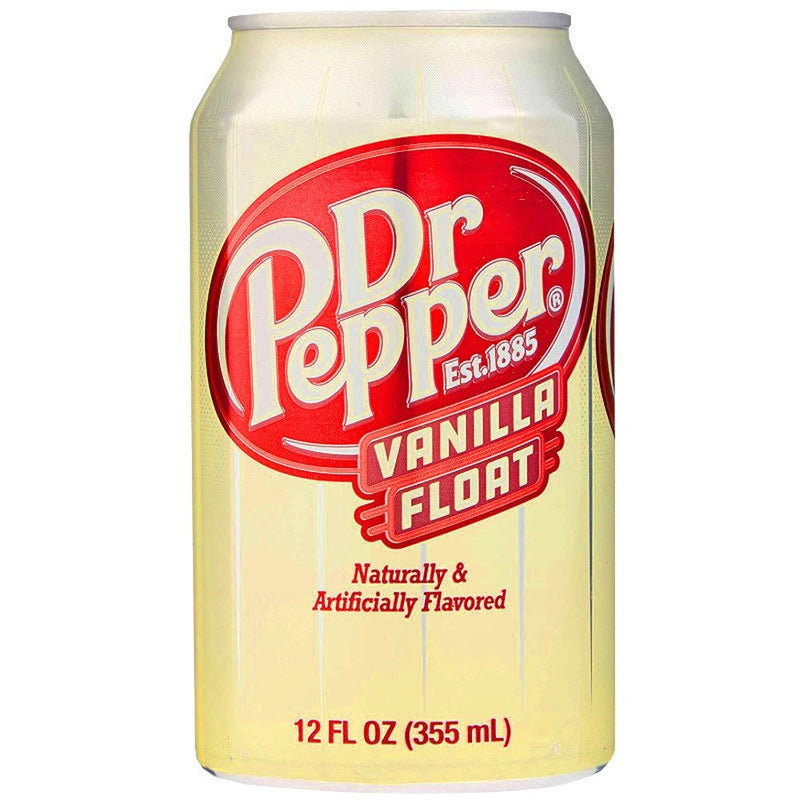Une canette jaune à effet brillant avec « Dr Pepper Vanilla Float » en rouge, le tout sur fond blanc