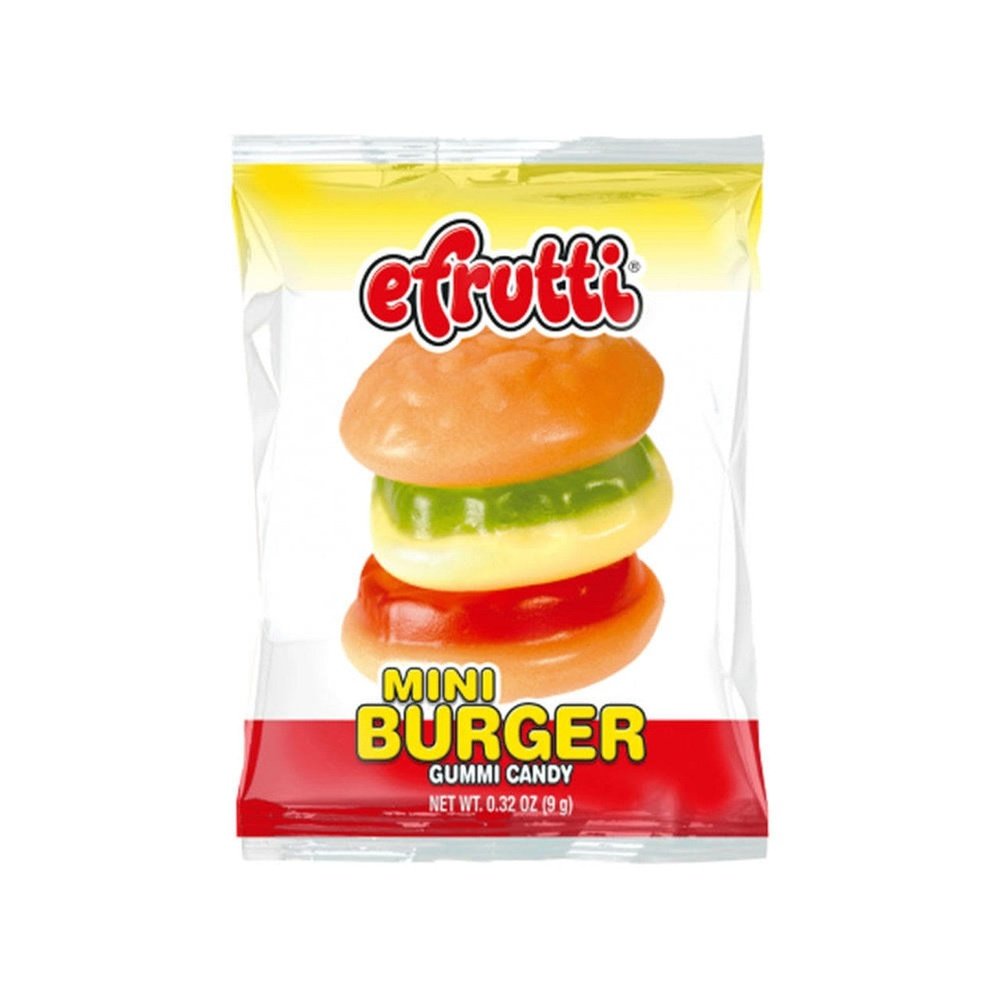Un emballage transparent sur fond blanc, on y voit un bonbon en forme d’hamburgers