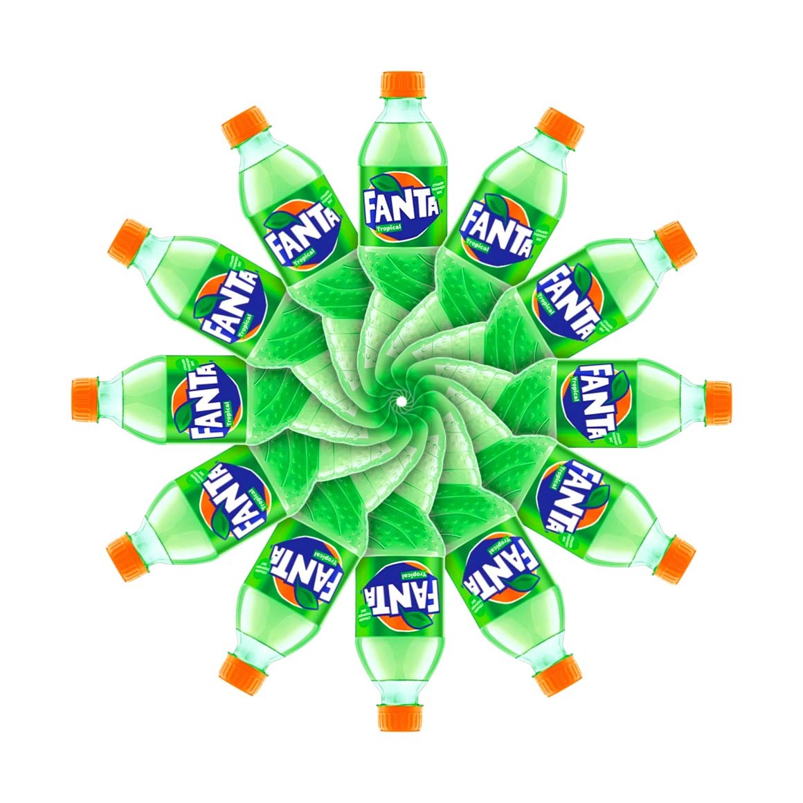 Plusieurs bouteilles vertes entassées les unes sur les autres sur un fond blanc. Le tout forme une rosace
