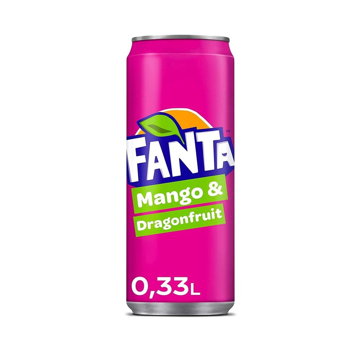Une grande canette rose sur fond blanc avec le logo Fanta et au centre écrit en blanc dans un cadrant vert « Mango & Dragonfruit »