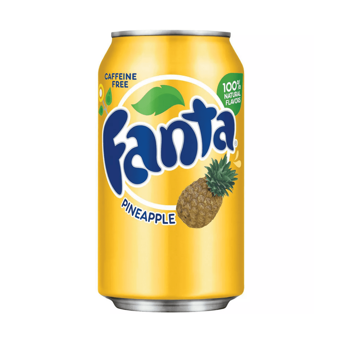Une canette jaune sur fond blanc avec le logo Fanta et à droite un ananas