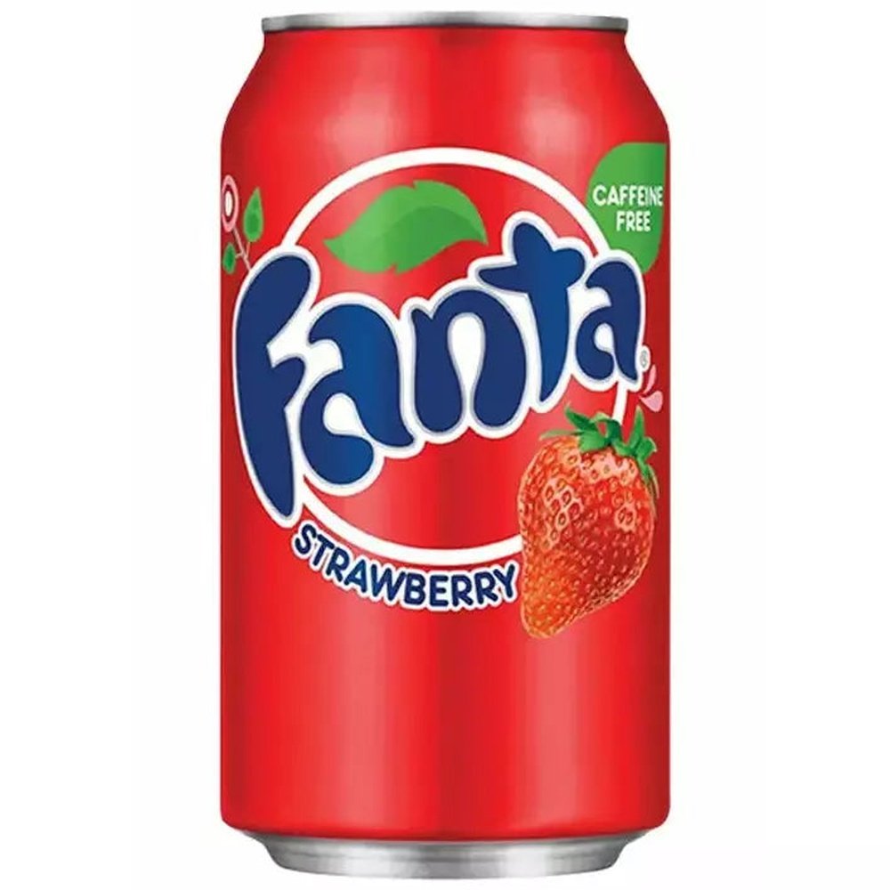 Une canette rouge sur fond blanc avec le logo Fanta et à droite une fraise