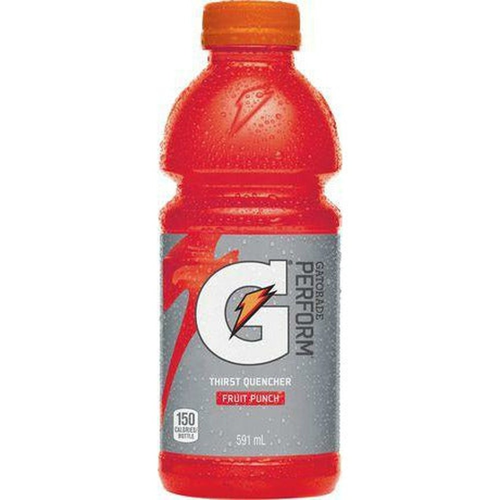 Une bouteille transparente sur fond blanc, qui dévoile une boisson rouge. Sur l’étiquette grise, il y a le logo qui est un grand « G » avec un éclair orange