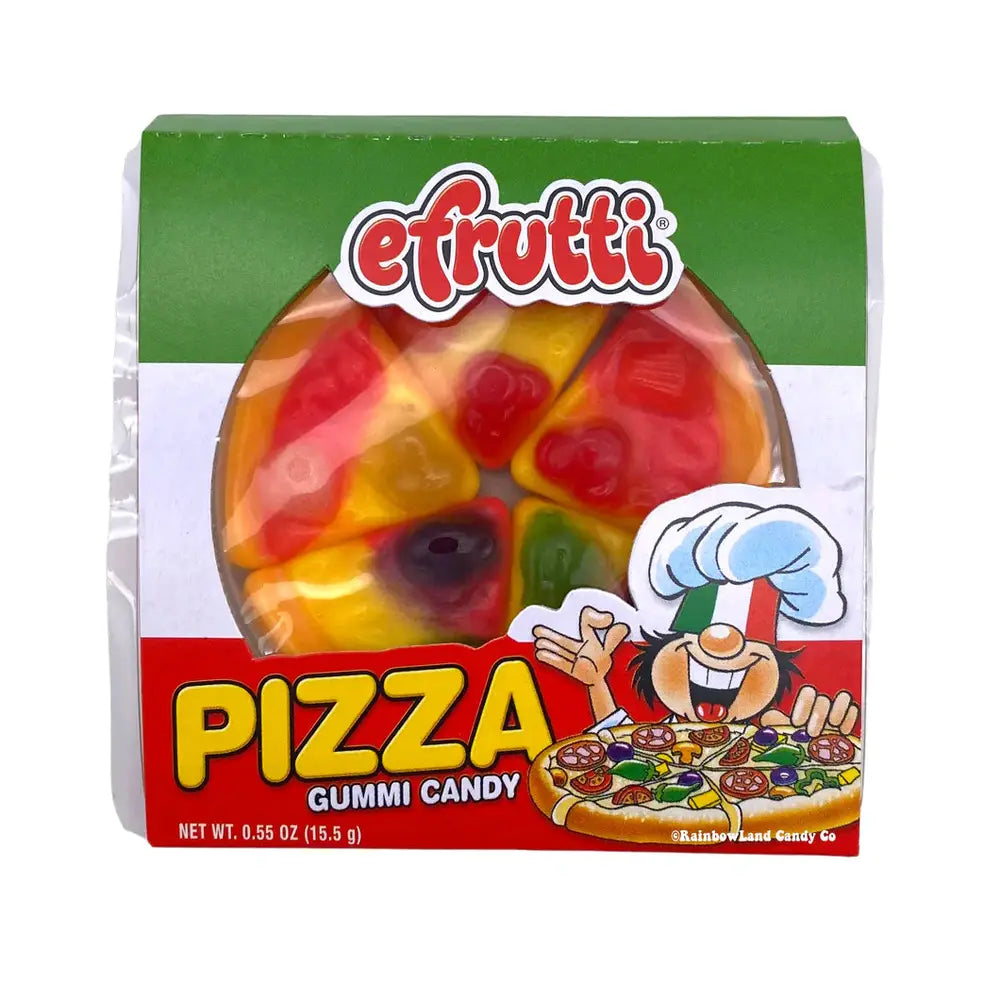Un emballage vert, jaune et rouge avec le centre transparent qui nous dévoile un bonbon en forme de pizza séparée en part. Le tout sur fond blanc 
