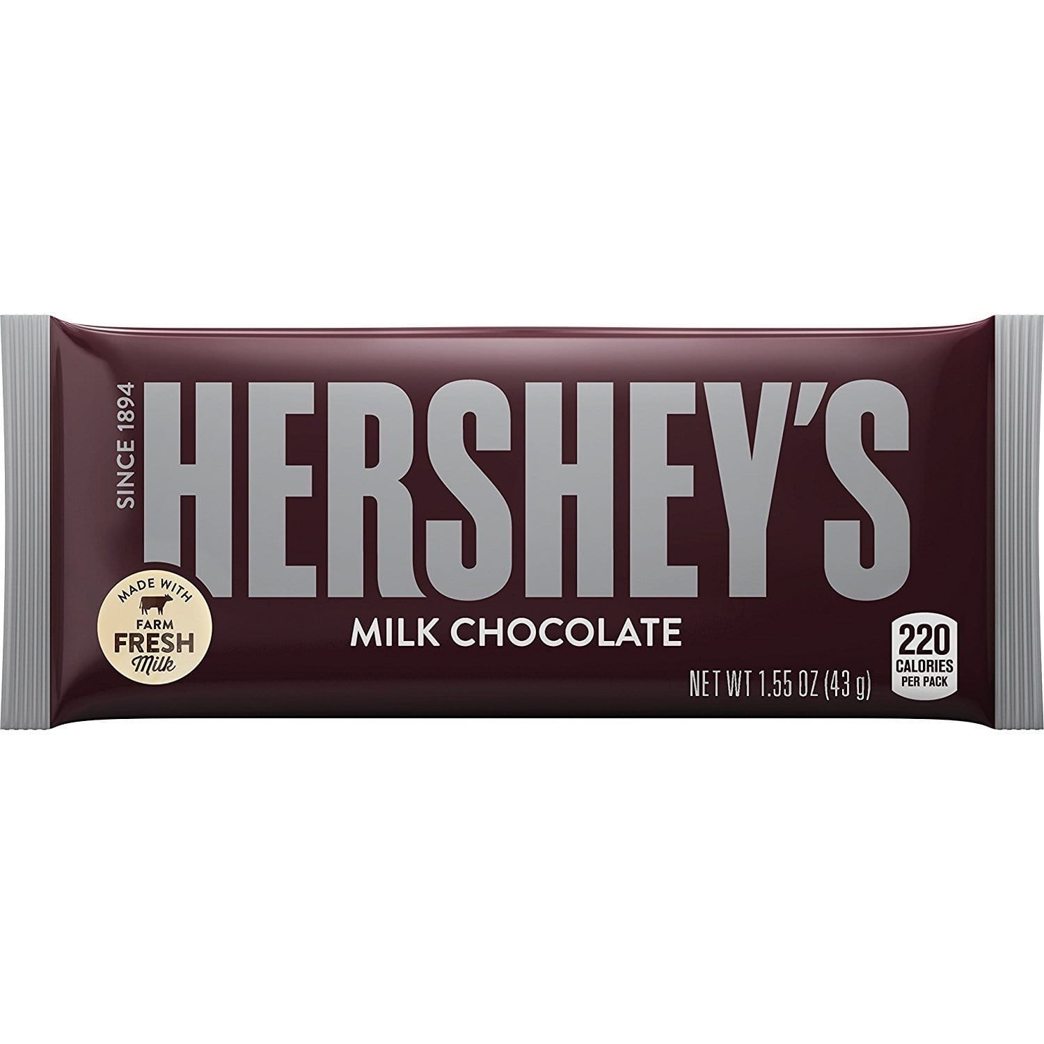 Un emballage marron foncé aux extrémités grises et au centre écrit en majuscule « Hershey’s », le tout sur fond blanc