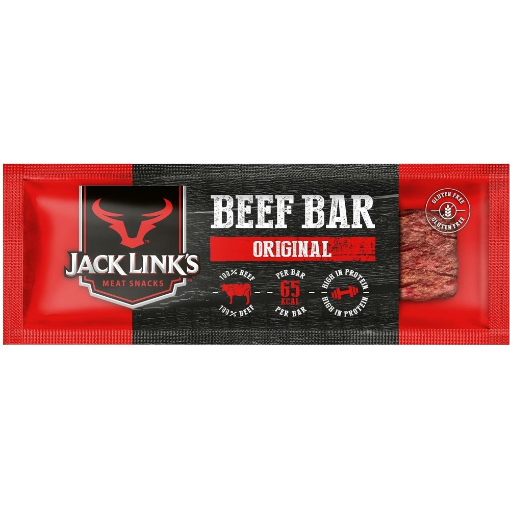 Un emballage rouge et noire avec à gauche le symbole d’un taureau rouge et à droite un morceau de viande séchée en bar, le tout sur fond blanc